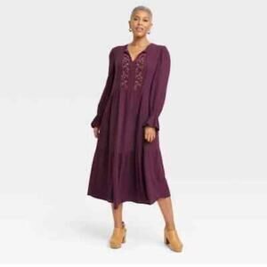 NWT Knox Rose Embroidered Boho Midi Dress XS Burgundy Long Sleeve Peasant Tiered